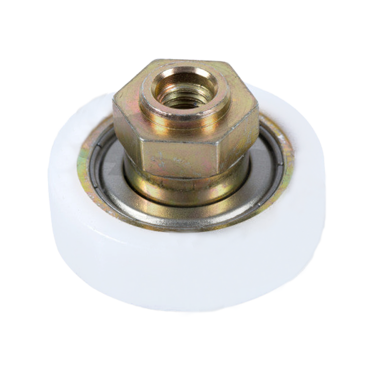 Rolă culisare tavan Ø30 mm SCHMITZ 1026011 cu suprafață albă și piuliță hexagonală centrală aurie.
